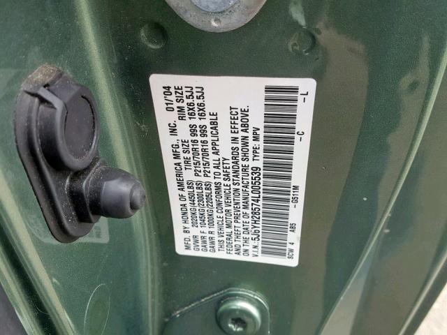 5J6YH28574L005539 - 2004 HONDA ELEMENT EX GREEN photo 10