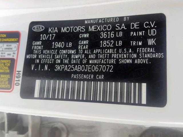 3KPA25AB0JE067072 - 2018 KIA RIO LX WHITE photo 10