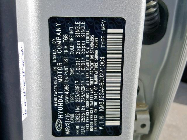 KM8J33A48GU221004 - 2016 HYUNDAI TUCSON LIM SILVER photo 10