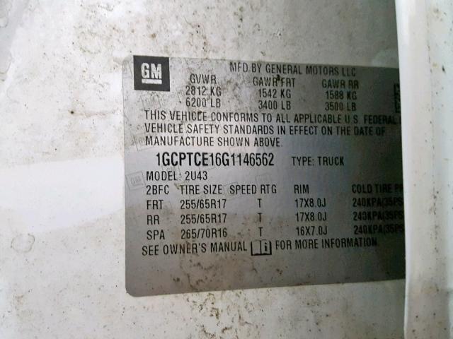 1GCPTCE16G1146562 - 2016 CHEVROLET COLORADO L WHITE photo 10