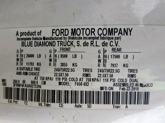 3FRNF6FA5AV275396 - 2010 FORD F650 SUPER WHITE photo 10