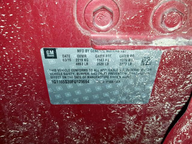 1G1165S39FU129694 - 2015 CHEVROLET IMPALA LTZ RED photo 10