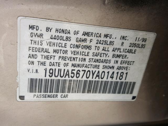 19UUA5670YA014181 - 2000 ACURA 3.2TL BEIGE photo 10