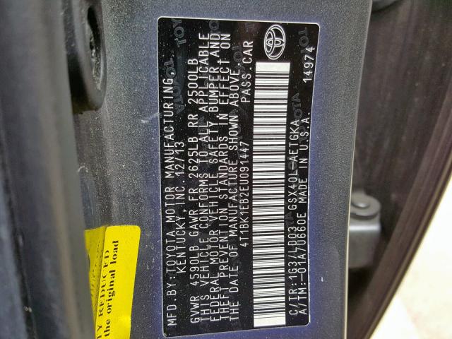 4T1BK1EB2EU091447 - 2014 TOYOTA AVALON BAS GRAY photo 10