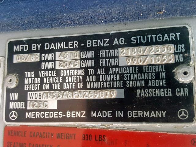 WDBAB53A8FA269879 - 1985 MERCEDES-BENZ 300 CDT SILVER photo 10