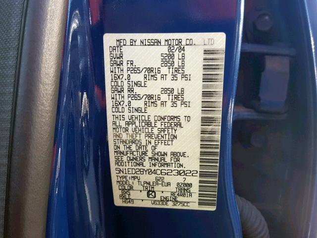 5N1ED28Y04C623022 - 2004 NISSAN XTERRA XE BLUE photo 10