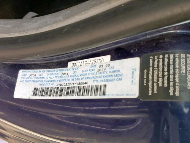 3VWCC21C7YM485848 - 2000 VOLKSWAGEN NEW BEETLE ლურჯი ფოტო 10