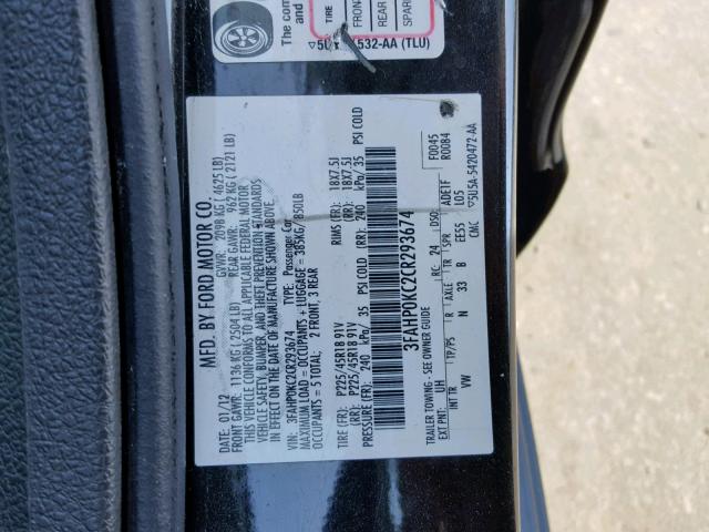 3FAHP0KC2CR293674 - 2012 FORD FUSION SPO BLACK photo 10