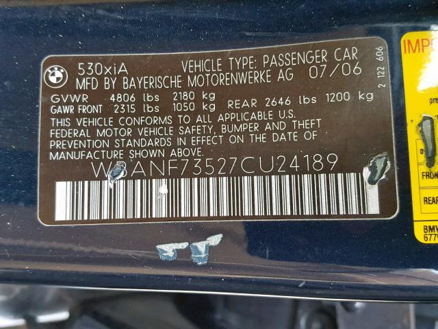 WBANF73527CU24189 - 2007 BMW 530 XI BLUE photo 10