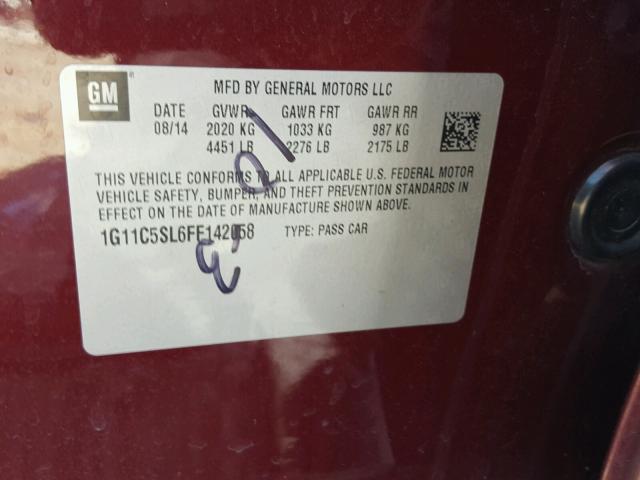 1G11C5SL6FF142058 - 2015 CHEVROLET MALIBU 1LT 勃艮第红 照片 10