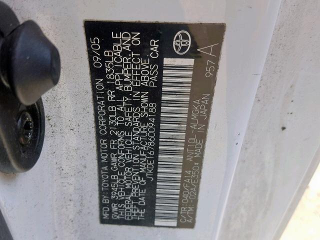 JTKDE167860094188 - 2006 TOYOTA SCION TC თეთრი ფოტო 10