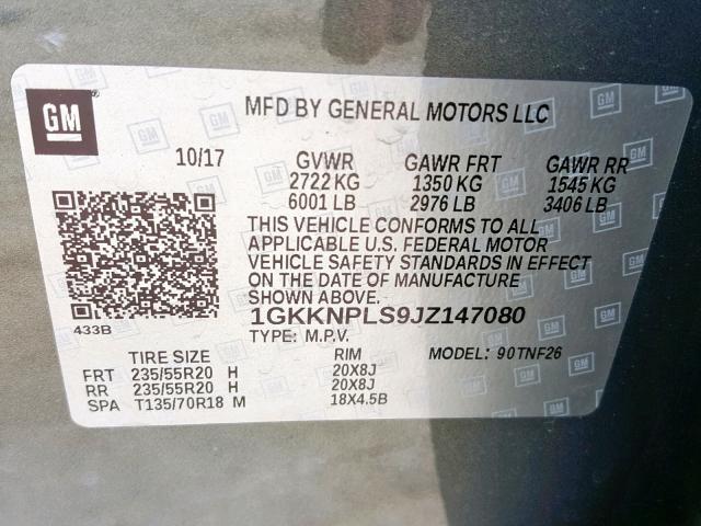 1GKKNPLS9JZ147080 - 2018 GMC ACADIA DEN BROWN photo 10