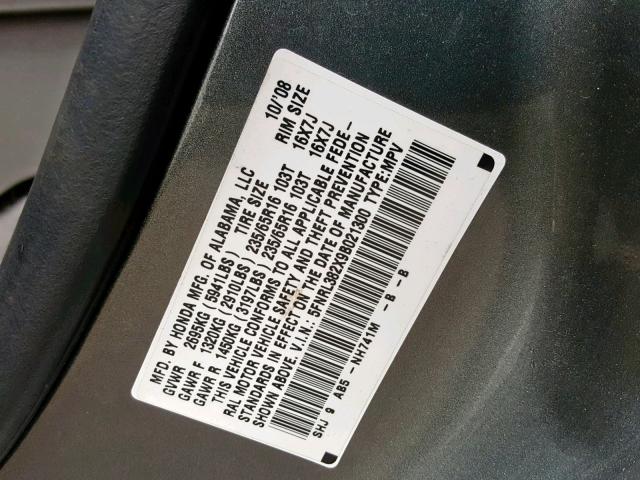 5FNRL382X9B021300 - 2009 HONDA ODYSSEY LX GRAY photo 10