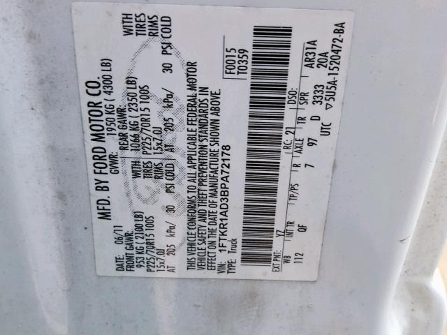 1FTKR1AD3BPA72178 - 2011 FORD RANGER WHITE photo 10