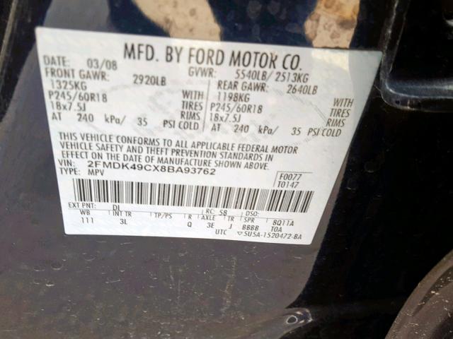 2FMDK49CX8BA93762 - 2008 FORD EDGE LIMIT BLACK photo 10