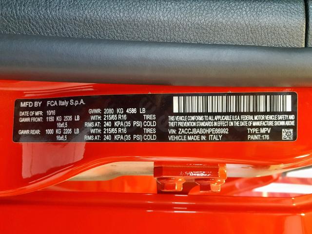 ZACCJBAB0HPE66992 - 2017 JEEP RENEGADE S წითელი ფოტო 10