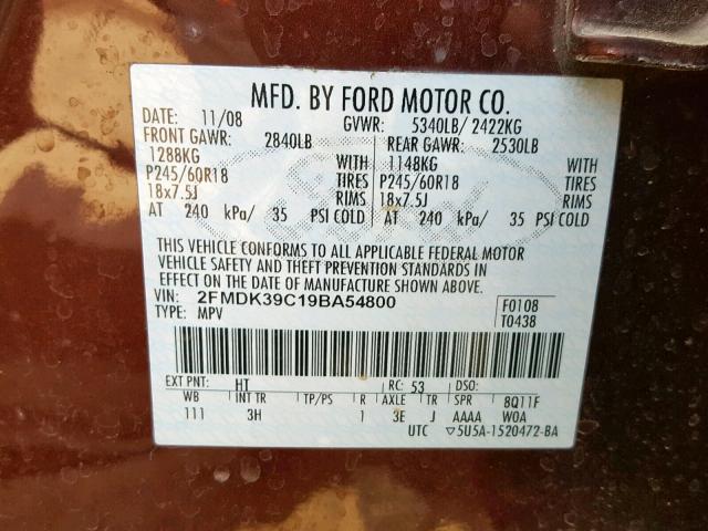 2FMDK39C19BA54800 - 2009 FORD EDGE LIMIT BURGUNDY photo 10