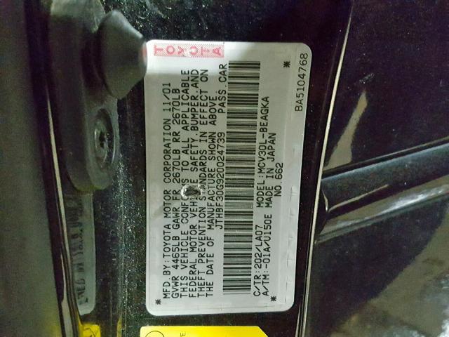 JTHBF30G920024739 - 2002 LEXUS ES 300 BLACK photo 10