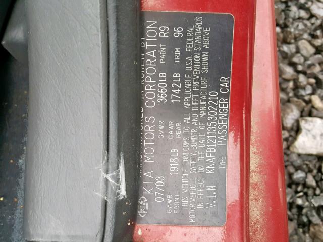 KNAFB121135302210 - 2003 KIA SPECTRA BA RED photo 10