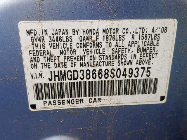 JHMGD38668S049375 - 2008 HONDA FIT SPORT BLUE photo 10