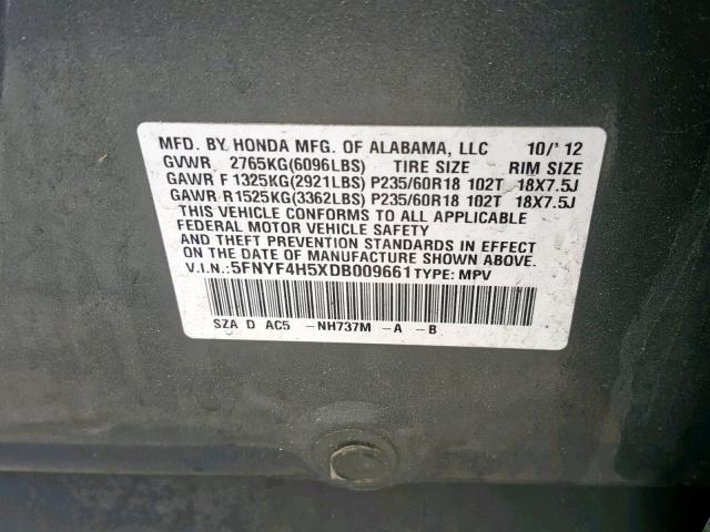 5FNYF4H5XDB009661 - 2013 HONDA PILOT EXL GRAY photo 10