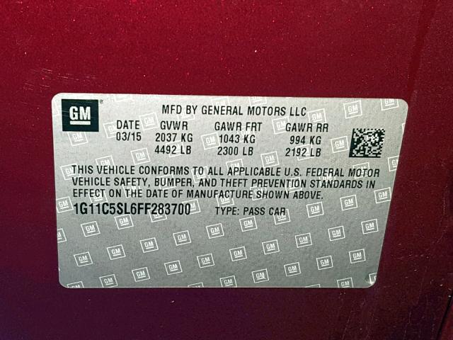 1G11C5SL6FF283700 - 2015 CHEVROLET MALIBU 1LT 栗色 照片 10