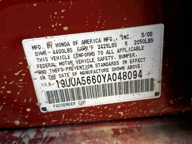 19UUA5660YA048094 - 2000 ACURA 3.2TL RED photo 10