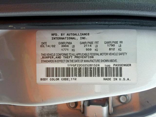 1YVGF22C025281524 - 2002 MAZDA 626 LX SILVER photo 10