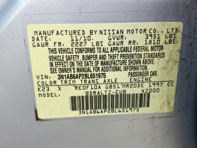 3N1AB6AP2BL651975 - 2011 NISSAN SENTRA 2.0 SILVER photo 10