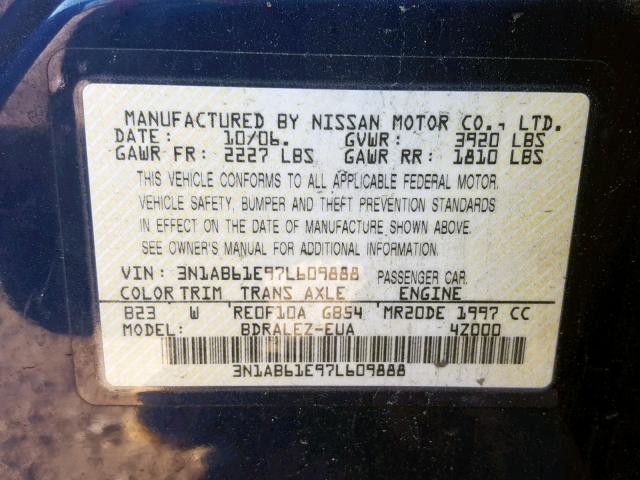 3N1AB61E97L609888 - 2007 NISSAN SENTRA 2.0 BLUE photo 10