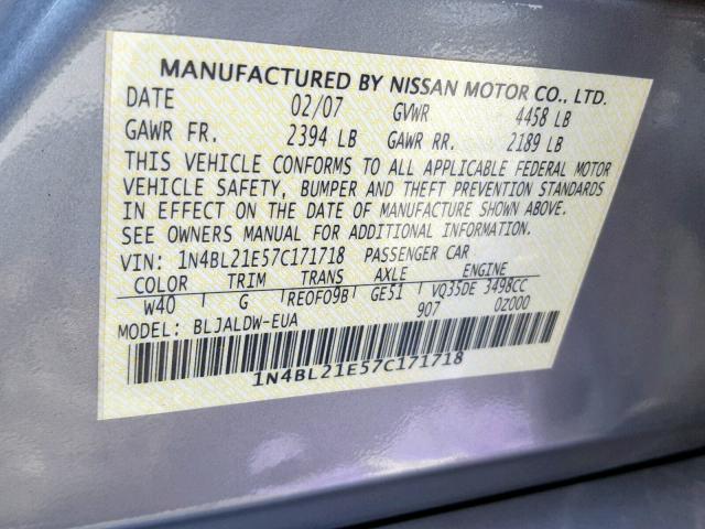 1N4BL21E57C171718 - 2007 NISSAN ALTIMA 3.5 GRAY photo 10