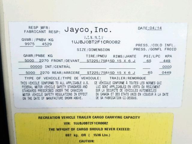 1UJBJ0BT2F1CR0082 - 2015 JAYCO EAGLE  BEIGE photo 10