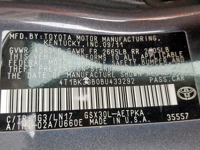 4T1BK3DB0BU433292 - 2011 TOYOTA AVALON BAS GRAY photo 10