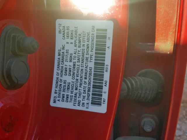 2HGFB6E59CH706543 - 2012 HONDA CIVIC SI RED photo 10