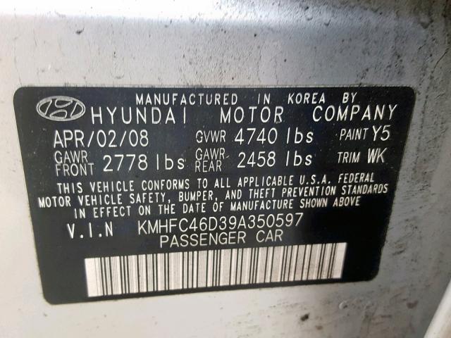 KMHFC46D39A350597 - 2009 HYUNDAI AZERA GLS SILVER photo 10