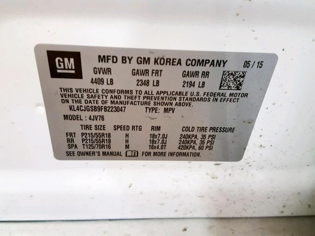 KL4CJGSB9FB223047 - 2015 BUICK ENCORE WHITE photo 10