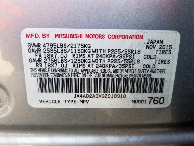 JA4AD2A3XGZ018910 - 2016 MITSUBISHI OUTLANDER ES  photo 10