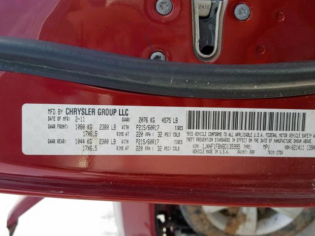 1J4NF1FBXBD135995 - 2011 JEEP COMPASS SP Қызыл фото 10