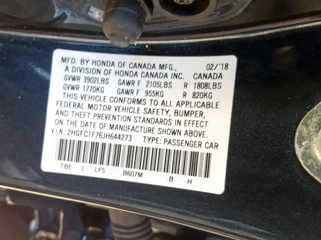 2HGFC1F76JH644273 - 2018 HONDA CIVIC EXL GRAY photo 10