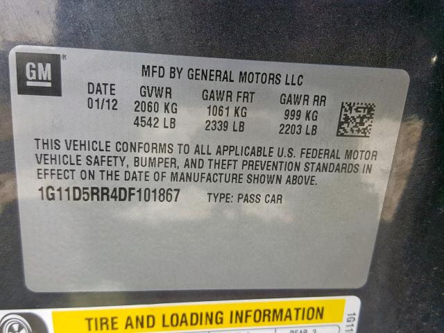 1G11D5RR4DF101867 - 2013 CHEVROLET MALIBU 1LT გრაფიტი ფოტო 10