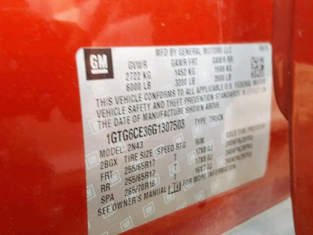 1GTG6CE36G1307503 - 2016 GMC CANYON SLE RED photo 10