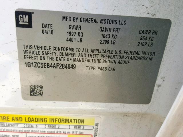 1G1ZC5EB4AF284049 - 2010 CHEVROLET MALIBU 1LT 白色 照片 10