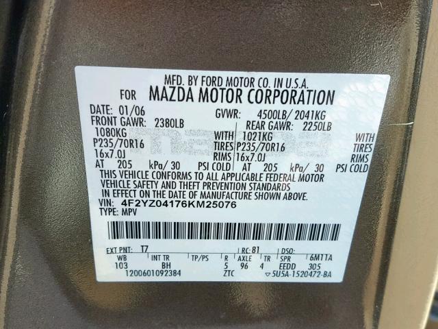 4F2YZ04176KM25076 - 2006 MAZDA TRIBUTE S BROWN photo 10