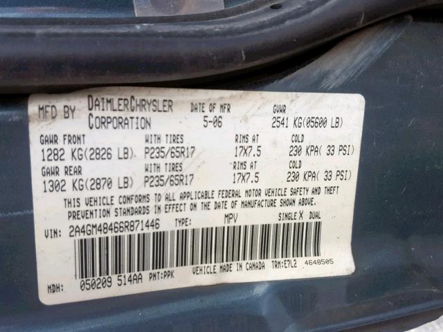 2A4GM48466R871446 - 2006 CHRYSLER PACIFICA GREEN photo 10