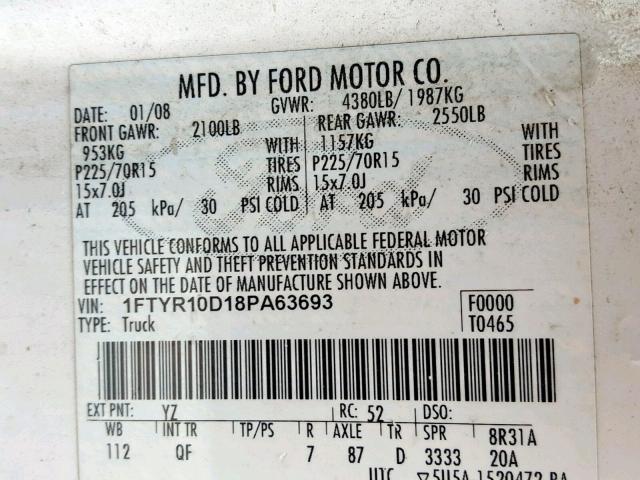 1FTYR10D18PA63693 - 2008 FORD RANGER WHITE photo 10