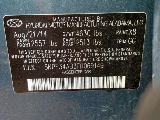 5NPE34AB3FH069149 - 2015 HYUNDAI SONATA SPO BLUE photo 10