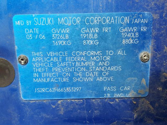 JS2RC62H665353297 - 2006 SUZUKI AERIO BLUE photo 10