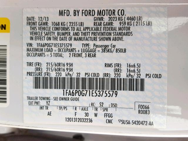 1FA6P0G71E5375579 - 2014 FORD FUSION S SILVER photo 10