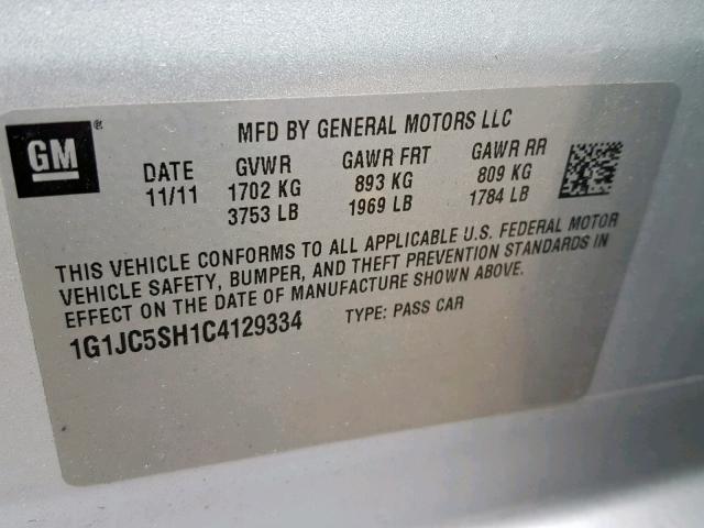 1G1JC5SH1C4129334 - 2012 CHEVROLET SONIC LT SILVER photo 10