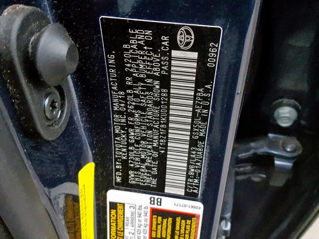 4T1BZ1FB1KU001288 - 2019 TOYOTA AVALON XLE BLUE photo 10